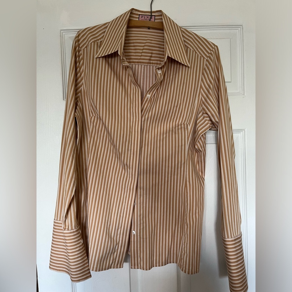 Y2K Office Siren!!! Thomas Pink STRETCH peach + white striped hidden button dwn